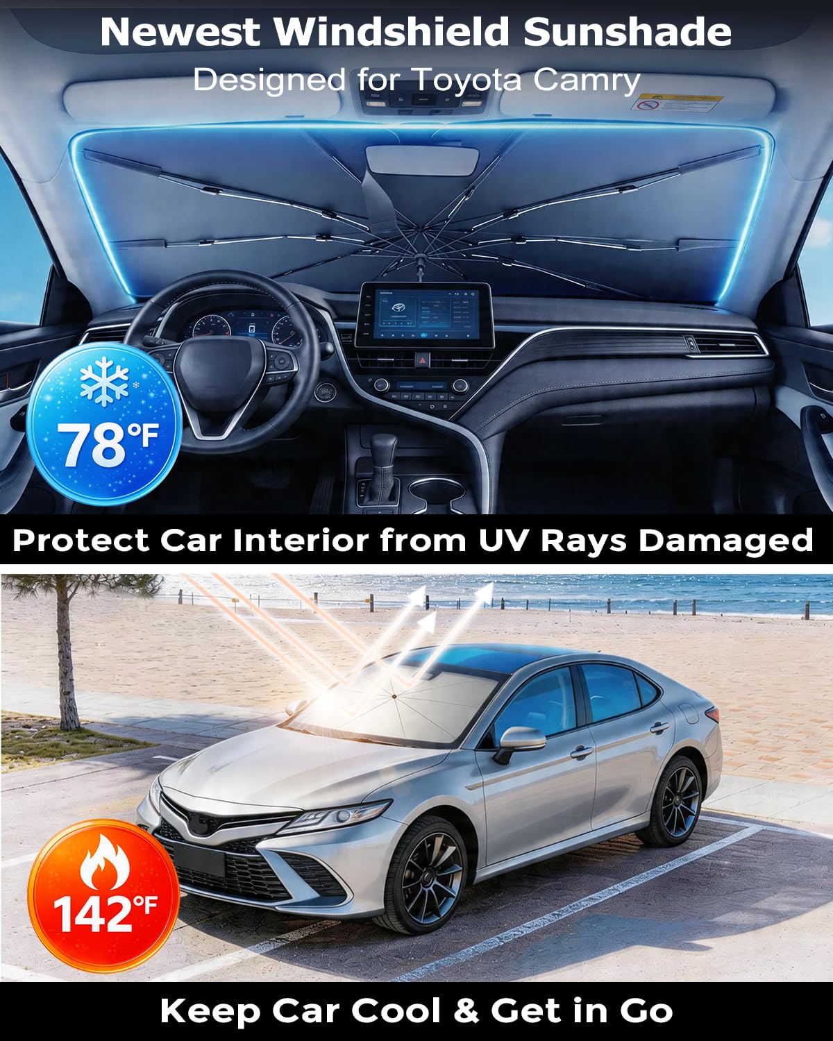 DMJN Umbrella Windshield Sun Shade for Jeep Grand Cherokee (2011-2026), Car Sunshade for Front Windshield [Nano Ice-Crystal Coatings] UPF50+ Heat & UV Block, Protect Interior & Keep Cooler
