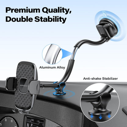APPS2Car 14'' Gooseneck Car Phone Holder,Heavy Duty Phone Holder for Truck, [Flexibile Long Arm] [Anti Shake stabilizer] Windshield Car Phone Mount Suction Cup,Fit for iPhone, Samsung (Mirror Black)