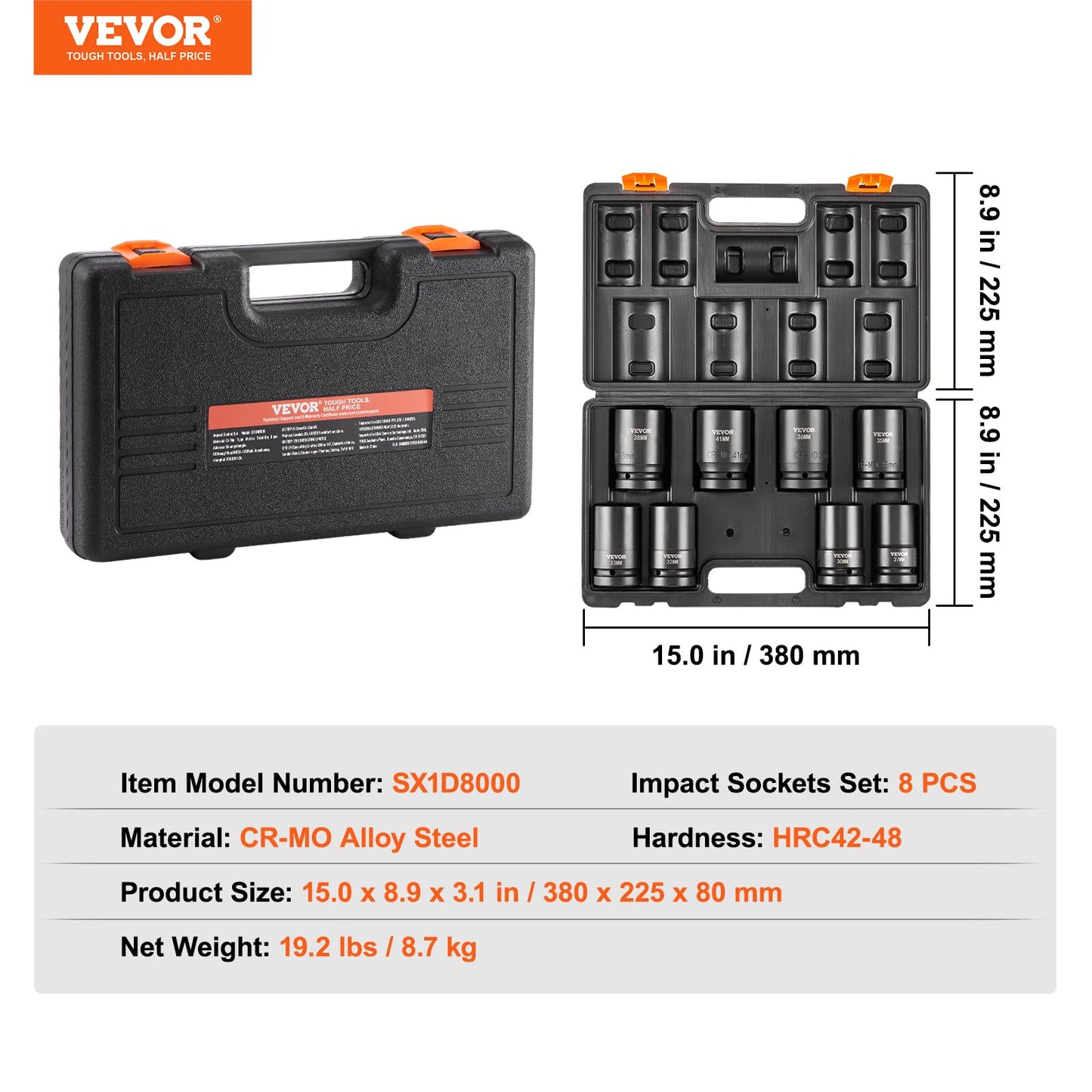 VEVOR 91-Piece 1/2" Drive Impact Socket Set, SAE (5/16" to 1-1/4") & Metric (8 to 32 mm), CR-V, Deep & Shallow, 6 Point, Ratchet Handle, Universal Joint, Adapters, Extension Bars (3, 5, 10 in)
