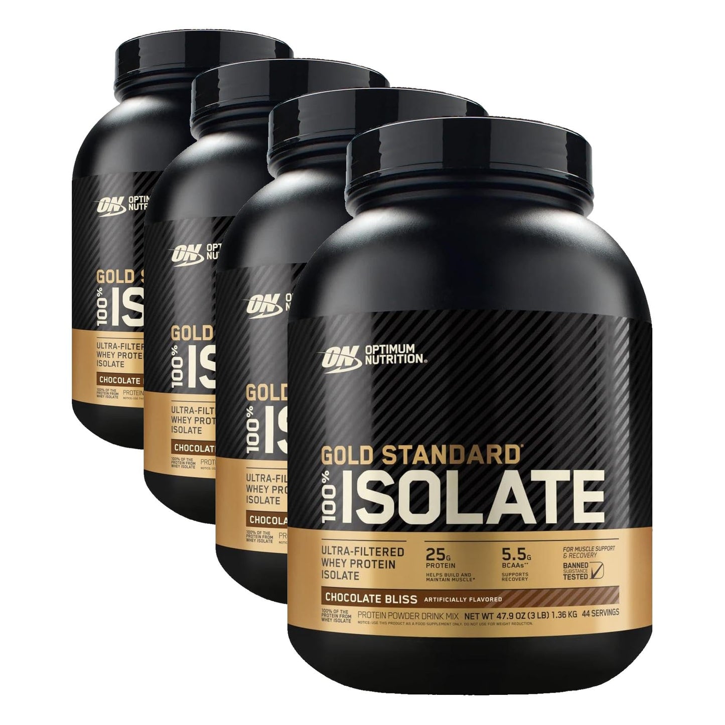 Optimum Nutrition Gold Standard 100% Isolate, Protein Powder, Chocolate Bliss, 3 Pounds, 44 Servings. Whey Protein Isolate (Packaging May Vary) (Pack of 4)