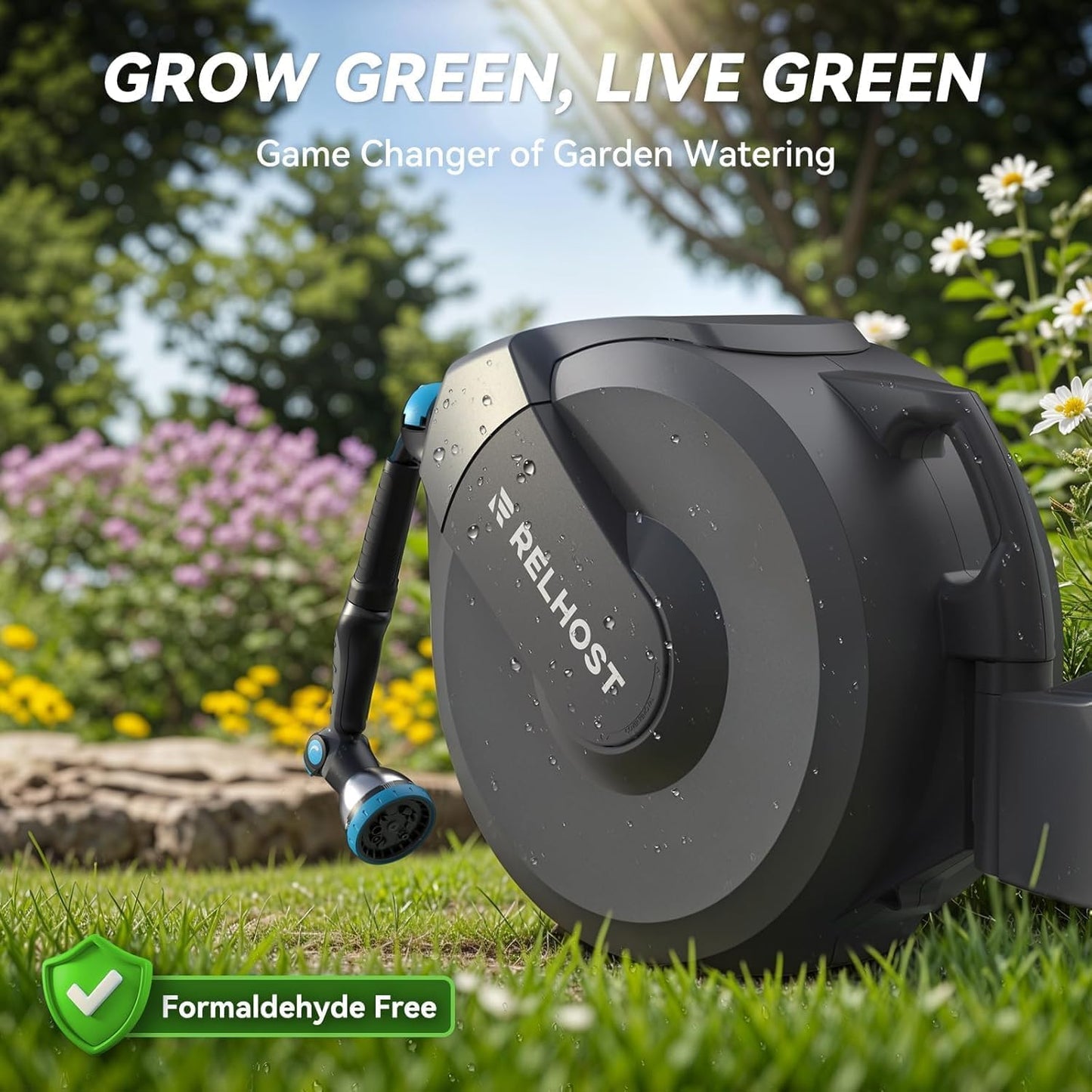 Relhost Retractable Garden Hose Reel, 1/2 in x 120 ft Wall Mount Heavy Duty Hose Reel with Any-Length Lock, Auto Rewind System, 180° Swivel Bracket, and 10-Pattern Nozzle for Garden, Dark Grey