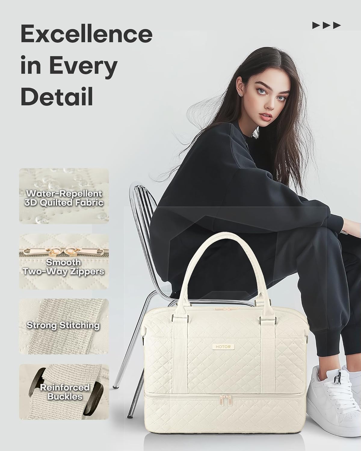 HOTOR Reisetasche - Große Weekender-Tasche für Frauen, Handgepäck mit Schuhfach, Übernachtungstasche mit Kulturtasche für Reiseutensilien und Reisezubehör, Schwarz, 34,0 x 45,0 x 20,0 cm
