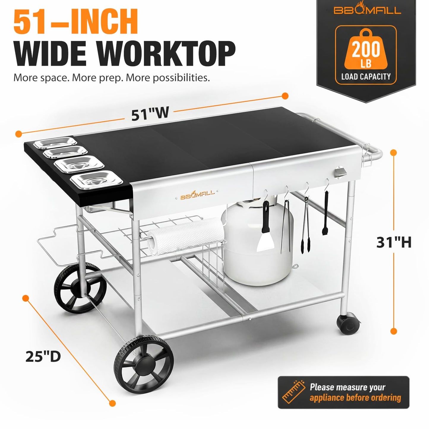 Pizza Oven Table Grill Cart with Topping Station, Grill Table Stand with Wheels for Ninja, Blackstone Griddle, Ooni, Gozney, Cuisinart, Heavy Duty BBQ Prep Cart with Storage Shelf and Hooks