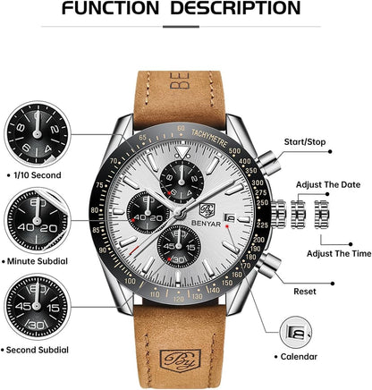 BY BENYAR Uhren für Herren Analog Quarz Chronograph 30M Wasserdicht Leuchtend Großes Zifferblatt Herren Armbanduhren Business Arbeit Sport Freizeit Mode Designer Uhr Elegantes Geschenk für Herren