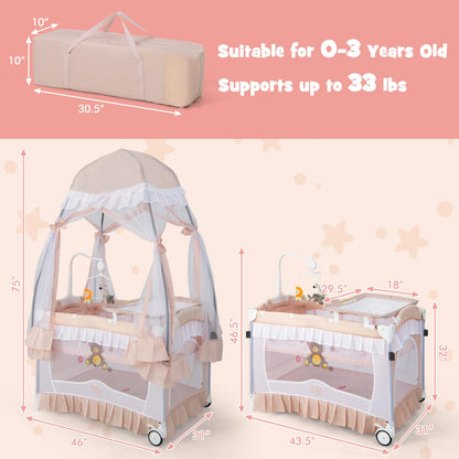 BABY JOY 4 in 1 Pack and Play with Canopy, Portable Baby Playard with Bassinet, Double-Layer Baby Crib, Wheels & Brake, Foldable Baby Girl Pink Bassinet from Newborn to Toddler