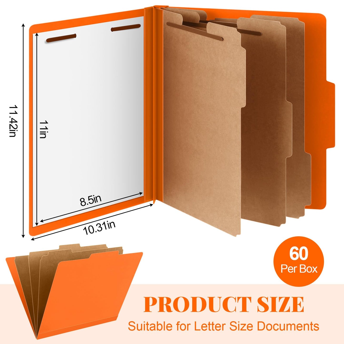 Skyygemm 60 Pcs Classification Folders Letter Size, 3 Divider Pressboard File Folder with Fasteners, Expanding File Organizer Bulk for Documents, Projects, Reports, School Teacher, Office (Orange)