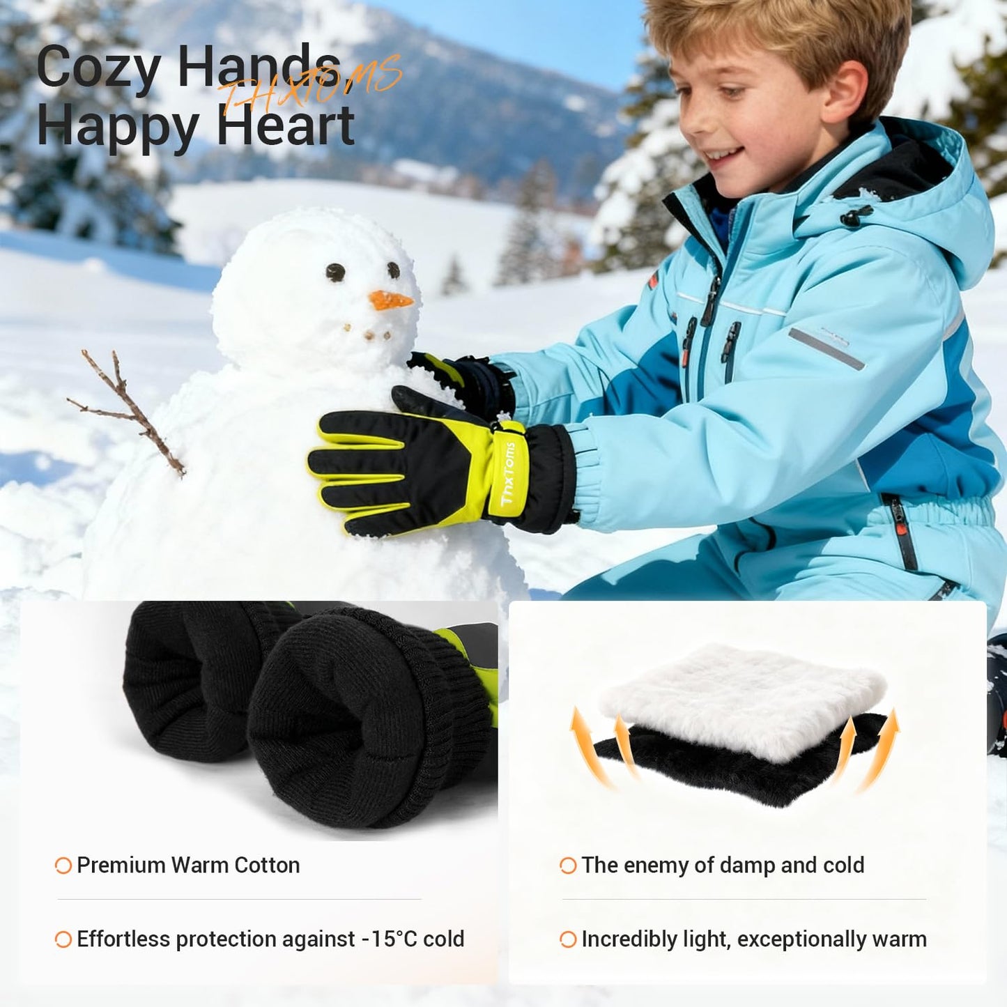 ThxToms Kinder Winterhandschuhe Wasserdichte Ski-Snowboardhandschuhe für Outdoor-Sportarten, Jungen und Mädchen Kaltwetter-Fahrradhandschuhe