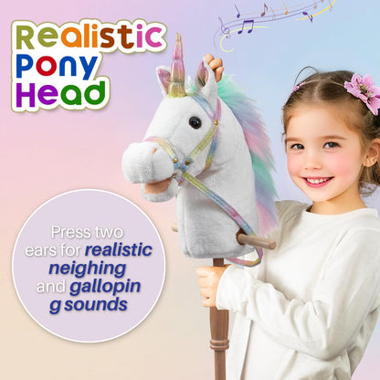 HollyHOME Plüsch Einhorn Steckenpferd mit Holzrädern Echten Pony Wiehern und Galoppieren Geräuschen Plüschtier Rosa 94 cm (AA Batterien Benötigt)