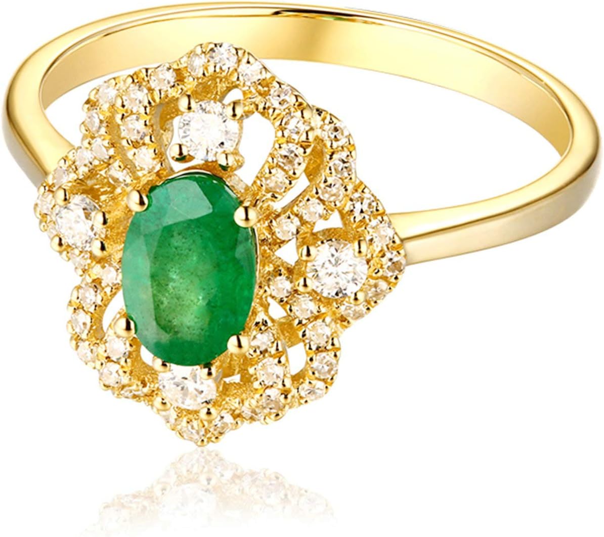 Aienid 18Ct Yellow Gold Engagement Rings for Women Diamond Flower with Oval Cut Emerald Engagement Ring for Her