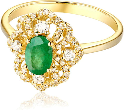 Aienid 18Ct Yellow Gold Engagement Rings for Women Diamond Flower with Oval Cut Emerald Engagement Ring for Her