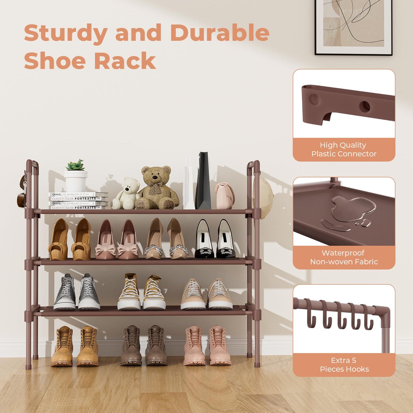 LANTEFUL 3 Tier Shoe Rack for Closet, Shoe Organizer with 5 Hooks, Long Shoe Shelf Storage for Sneaker and Boot Stackable Free Standing Shoe Rack for Entryway, Garage, Small Spaces, Dorm