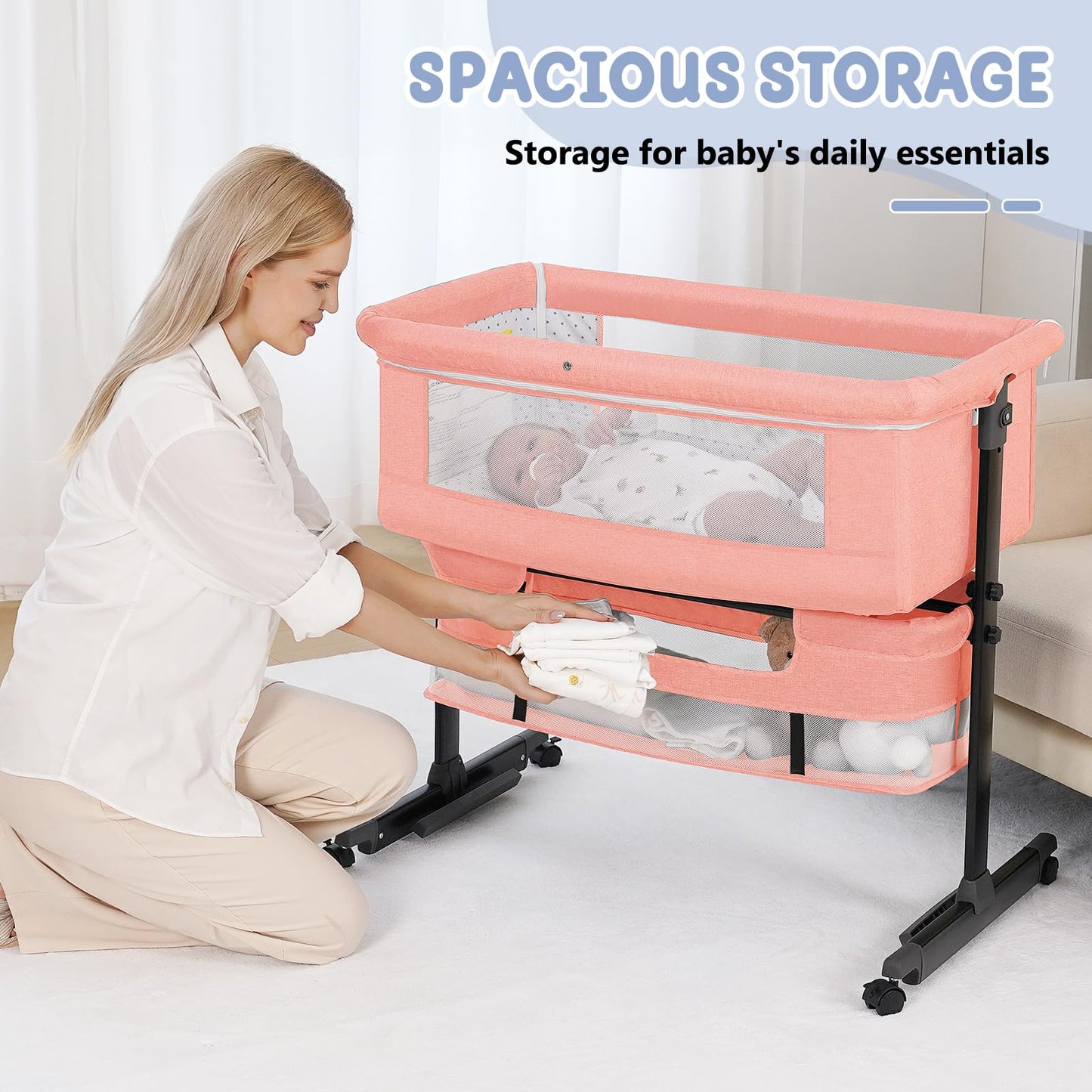 Semphis Baby Bassinet, 3 in 1 Bassinets Bedside Sleeper, Adjustable Height Bedside Sleeper with Rocking Mode, Breathable Mesh, Storage Basket, Wheels, Easy Assemble & Folding (Gray)