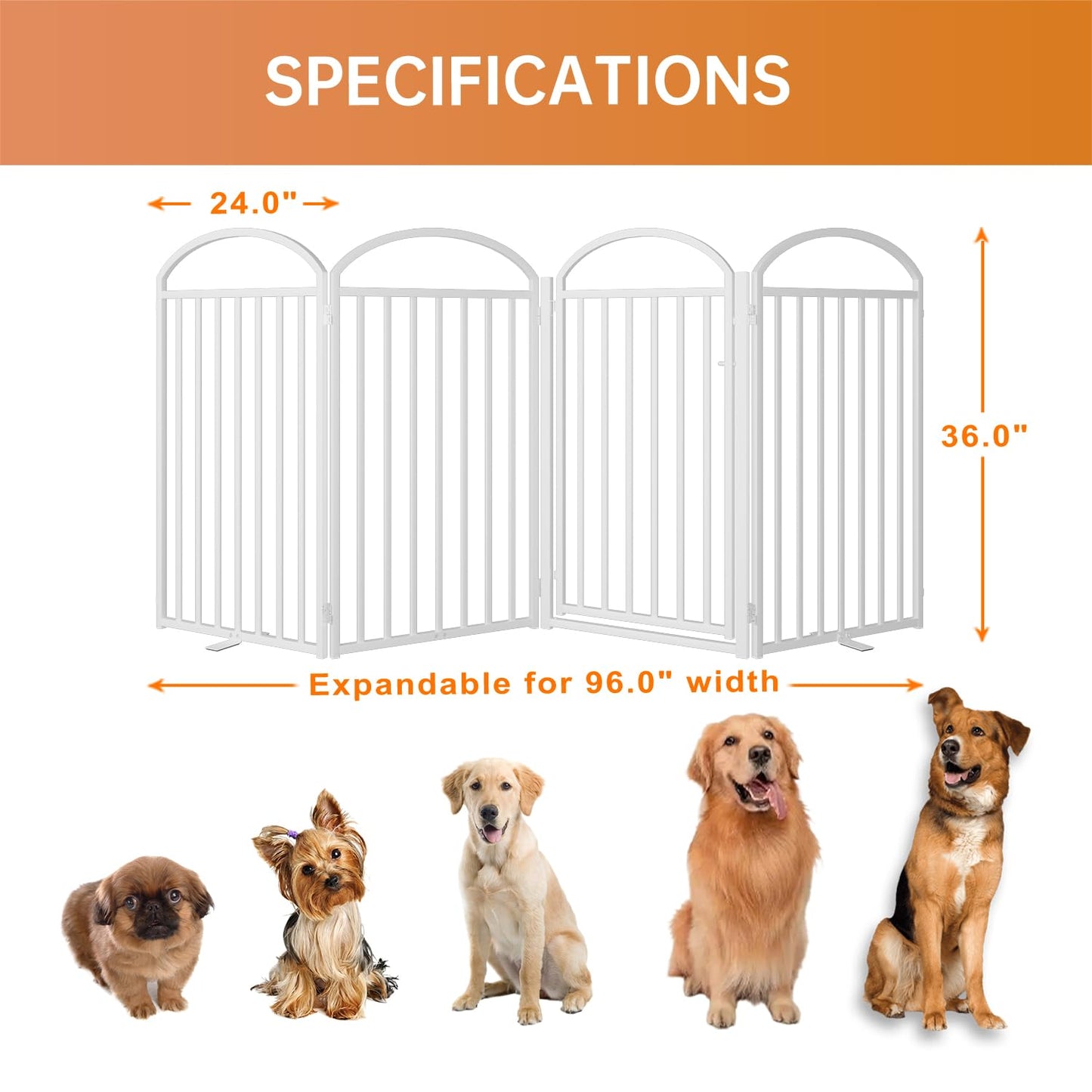 SNUOWU 4 Panels Full Matel Freestanding Dog Gates with Door, 96"Extra Wide 36"Tall Free Standing Dog Pet Gate for Indoor & Outdoor. Foldable Pet Fences for Doorways, House, Stairs, Porch, Deck, Yard