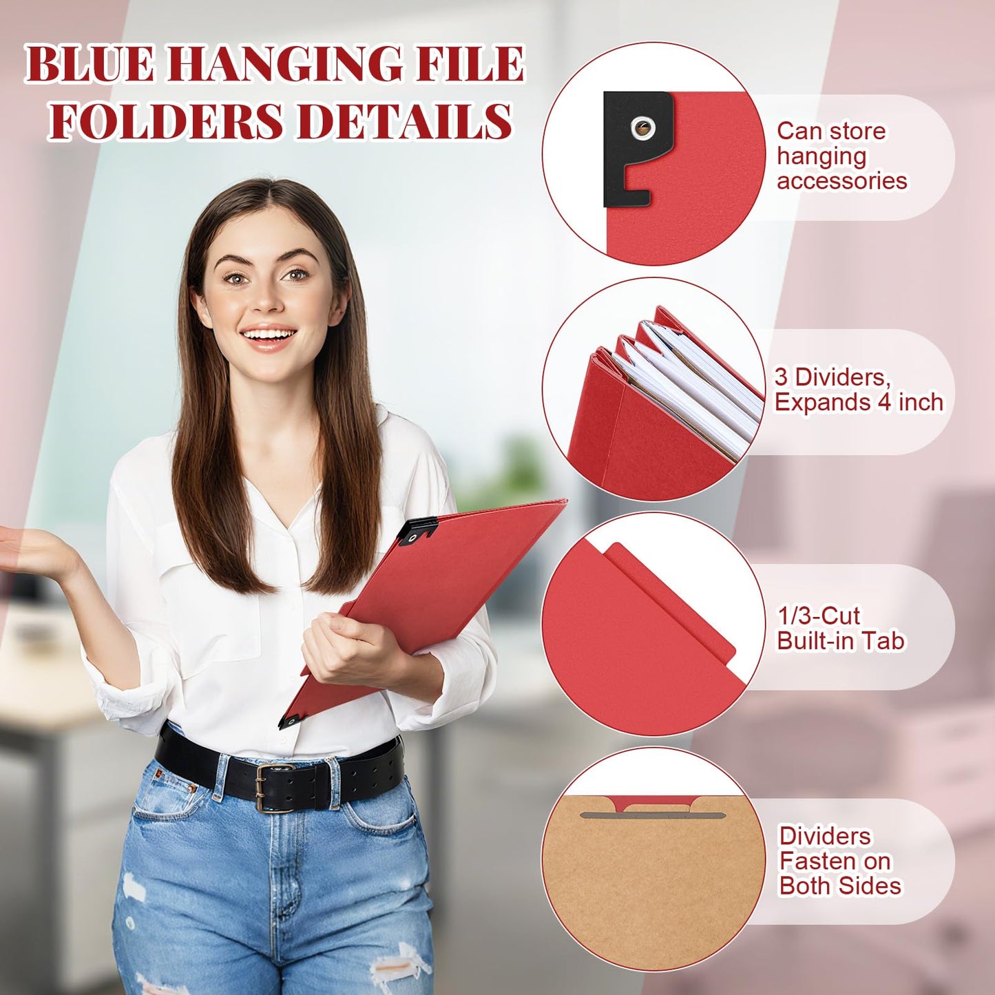 Henoyso 10 Pcs Hanging Classification File Folders, Letter Size Red Folders with 3 Pressboard Dividers, 8 Fasteners, 4 Inch Expansion, 1/3-cut Top Tab for Medical Records and File Cabinet Organizer