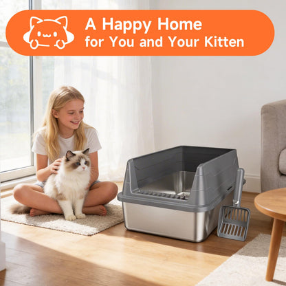 Stainless Steel Cat Litter Box, Odor Free Metal Litter Box with High Sides Lid, Open Top Low Entry Litter Pan Include Scoop Easy Cleaning Anti-Scratch Kitty Cat Box Anti-Urine Leakage, Non-Sticky