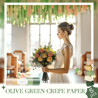 AOBKIAT Decoraciones para Fiesta de Bodas, 5 Rollos de Serpentinas de Papel Crepé Color Verde Oliva Caqui para Bodas Boho Verdes, Cumpleaños, Despedidas de Soltera/Bebé