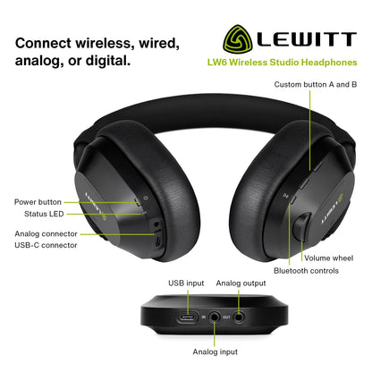 Lewitt LW6 Wireless Studio Headphones with Uncompressed, Ultra-Low Latency Audio and Premium Sound Quality - Ideal for Professional Mixing, Mastering, Monitoring, and Audio Recording.