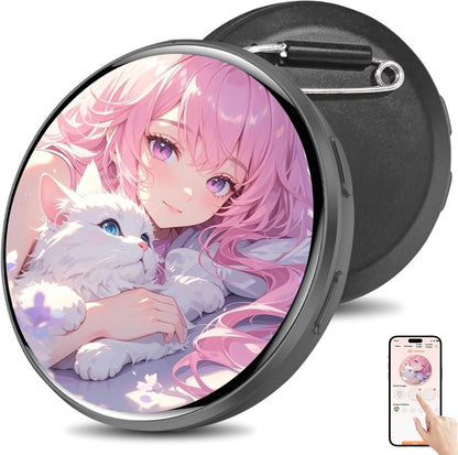HD Touchscreen Digital Badge Pin – Smart Anime E-Badge for Backpacks with Video & GIF Display, Lightweight Pixel Name Tag, Rechargeable Electronic Button for Cosplay, Conventions & Unique Gifts