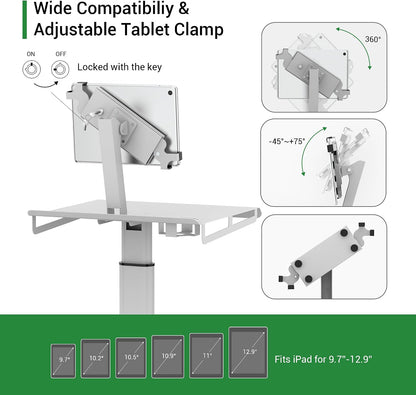 Mobile Medical Tablet Cart Compatible with 9.7-12.9” iPad, Rolling Medical Workstation, Mobile Tablet Workstation for Hospital, Clinic, Library, Restaurant, Rolling Floor Stand Cart