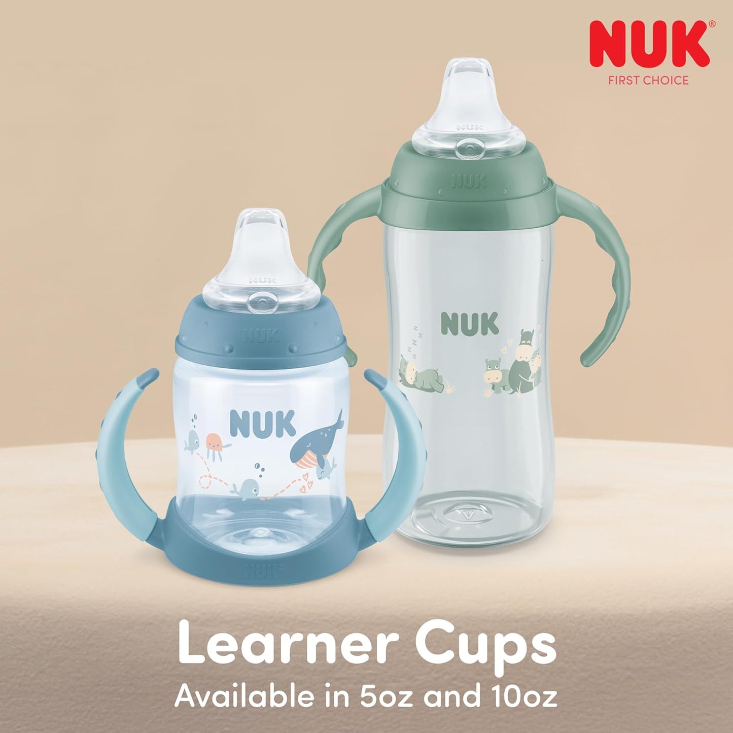 NUK First Choice Large Learner Cup 2.0, 10 oz. Sippy Cup with Handles, Spill Proof, Leak Proof Soft Straw Cup, 2-Pack