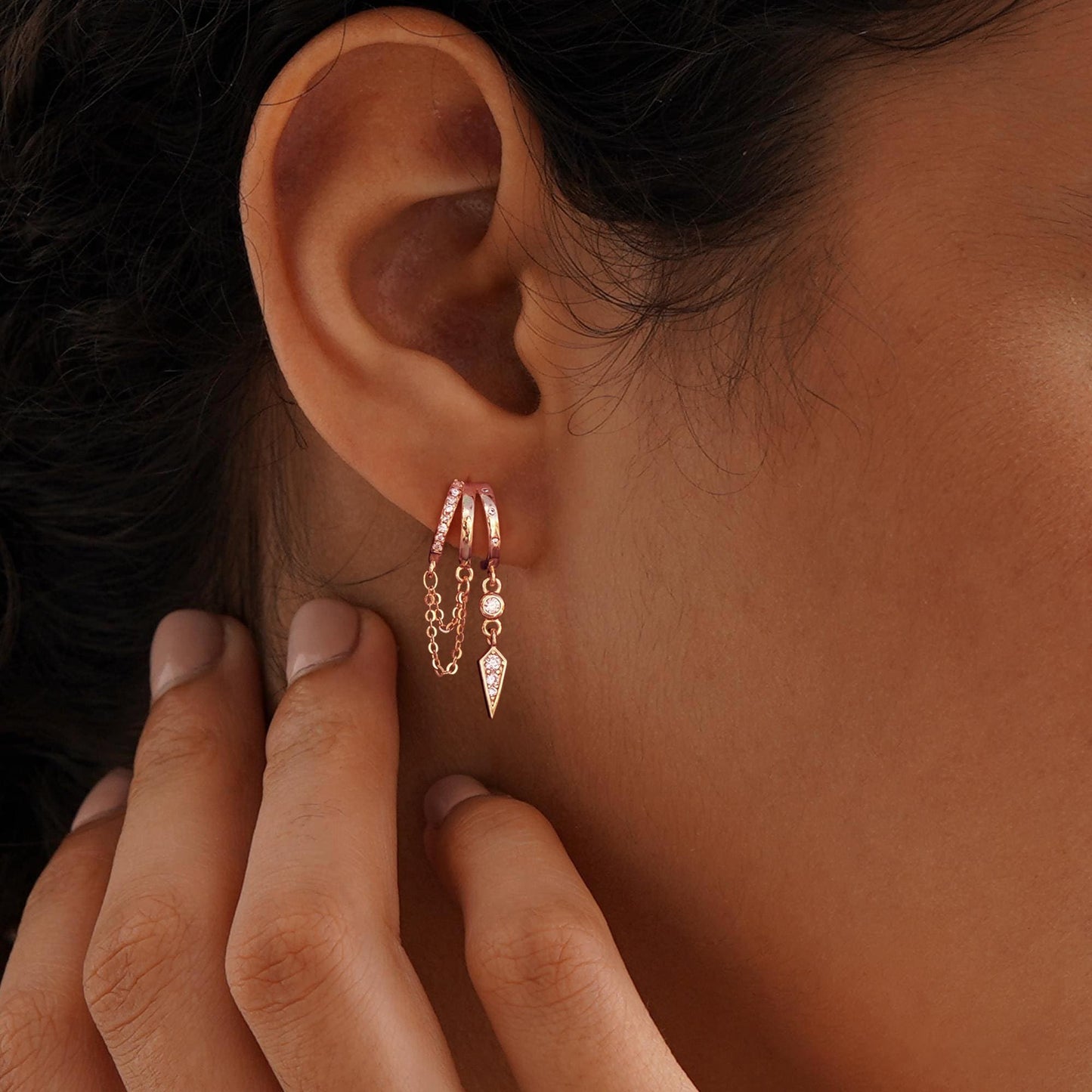 Dangle Earrings for Women,14k Gold Plated Triple Huggie Stud Earrings Cute Statement Chain Earring Dainty Drop Earrings for Women Trendy Gold Plated Jewelry