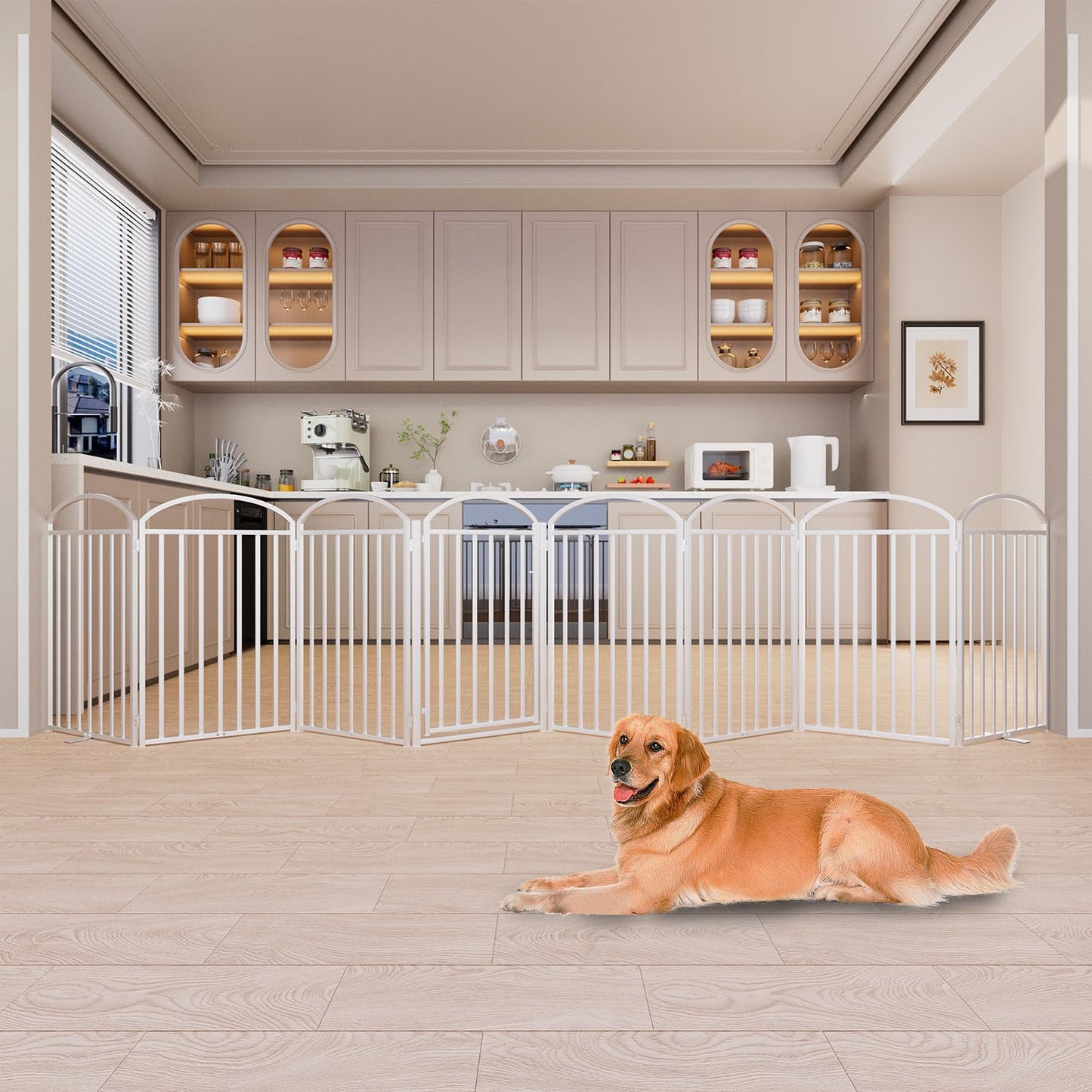 SNUOWU 4 Panels Full Matel Freestanding Dog Gates with Door, 96"Extra Wide 36"Tall Free Standing Dog Pet Gate for Indoor & Outdoor. Foldable Pet Fences for Doorways, House, Stairs, Porch, Deck, Yard
