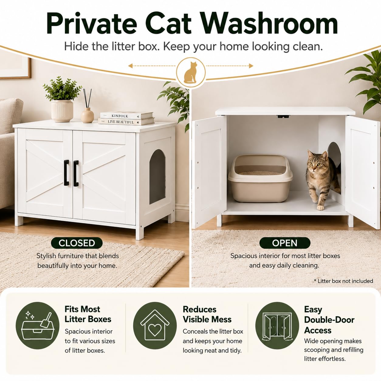 Homhedy Cat Litter Box Enclosure, Wooden Cat Washroom Furniture with Barn Door, Pet House, Fit Most of Litter Box, White