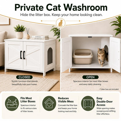 Homhedy Cat Litter Box Enclosure, Wooden Cat Washroom Furniture with Barn Door, Pet House, Fit Most of Litter Box, White