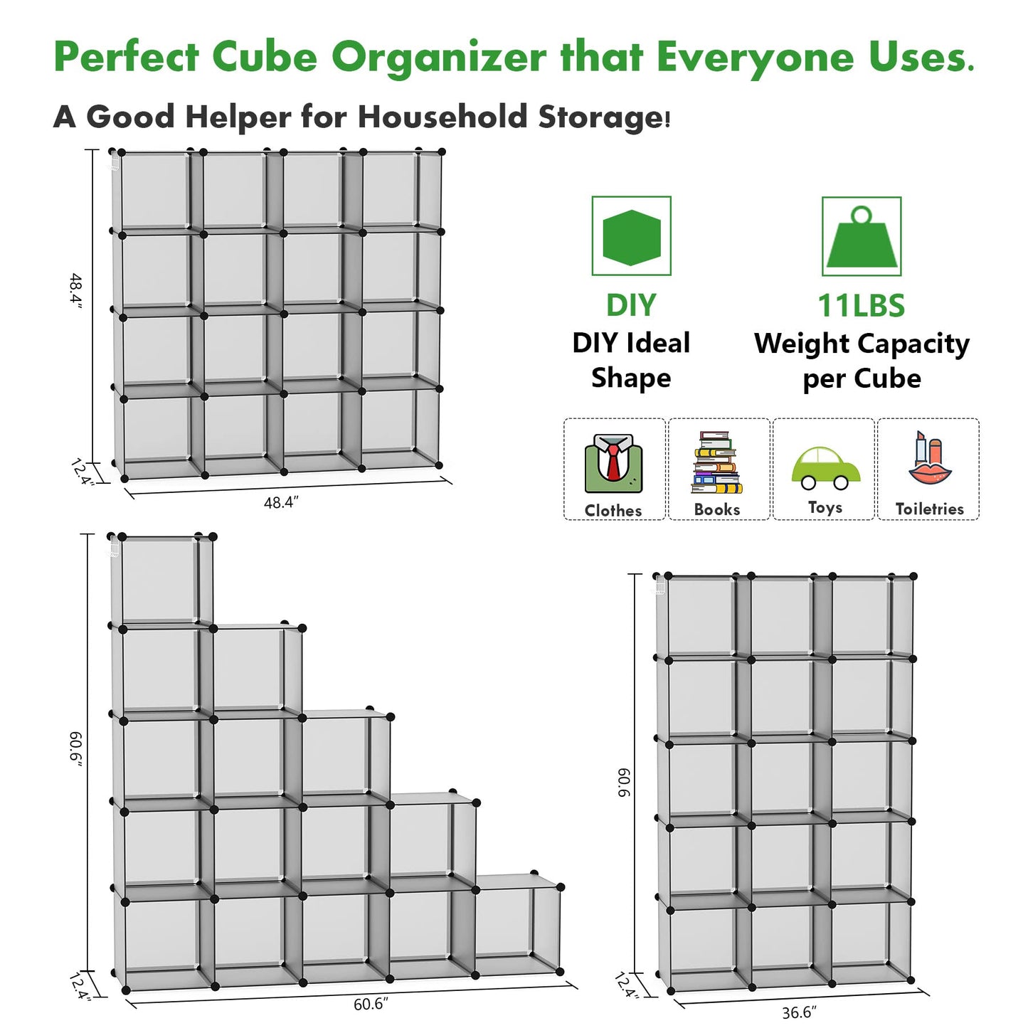 C&AHOME Cube Storage Organizer, 16-Cube Shelves Units, Plastic Storage Cubes, DIY Closet Organizer, Modular Closet Storage Shelves Ideal for Home, Bedroom, 48.4" L × 12.4" W × 48.4" H Black SUM3016H