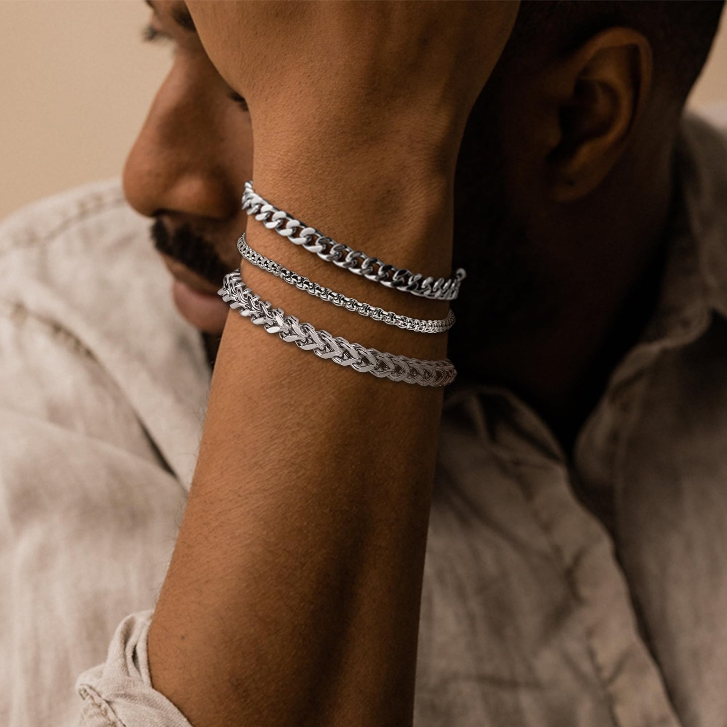 DAYANEY 3 Stücke Herrenarmband Silberarmbänder für Männer Set Wasserdicht Edelstahl Herrenschmuck, Verstellbares Cuban Gliederarmband Osterkorb Füller für Ihn, Vater oder Sohn Pulseras Para Hombre