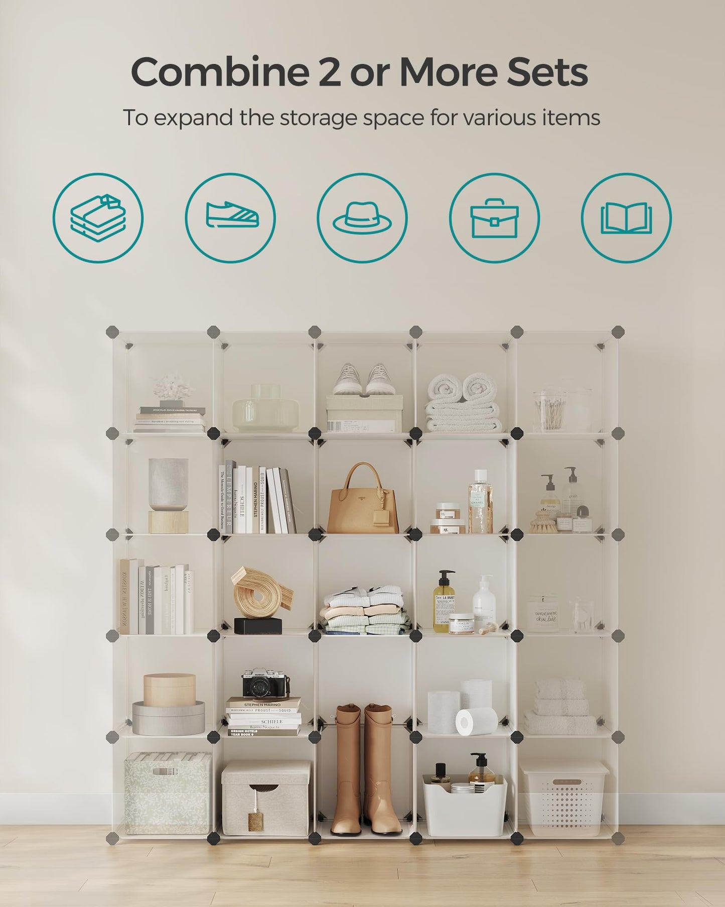 SONGMICS Cube Storage Organizer, Set of 16 Plastic Cubes, Closet Organizers and Storage, Room Organization, Bedroom Living Room, 12.2 x 48.4 x 48.4 Inches, Rustic Brown ULPC442A01