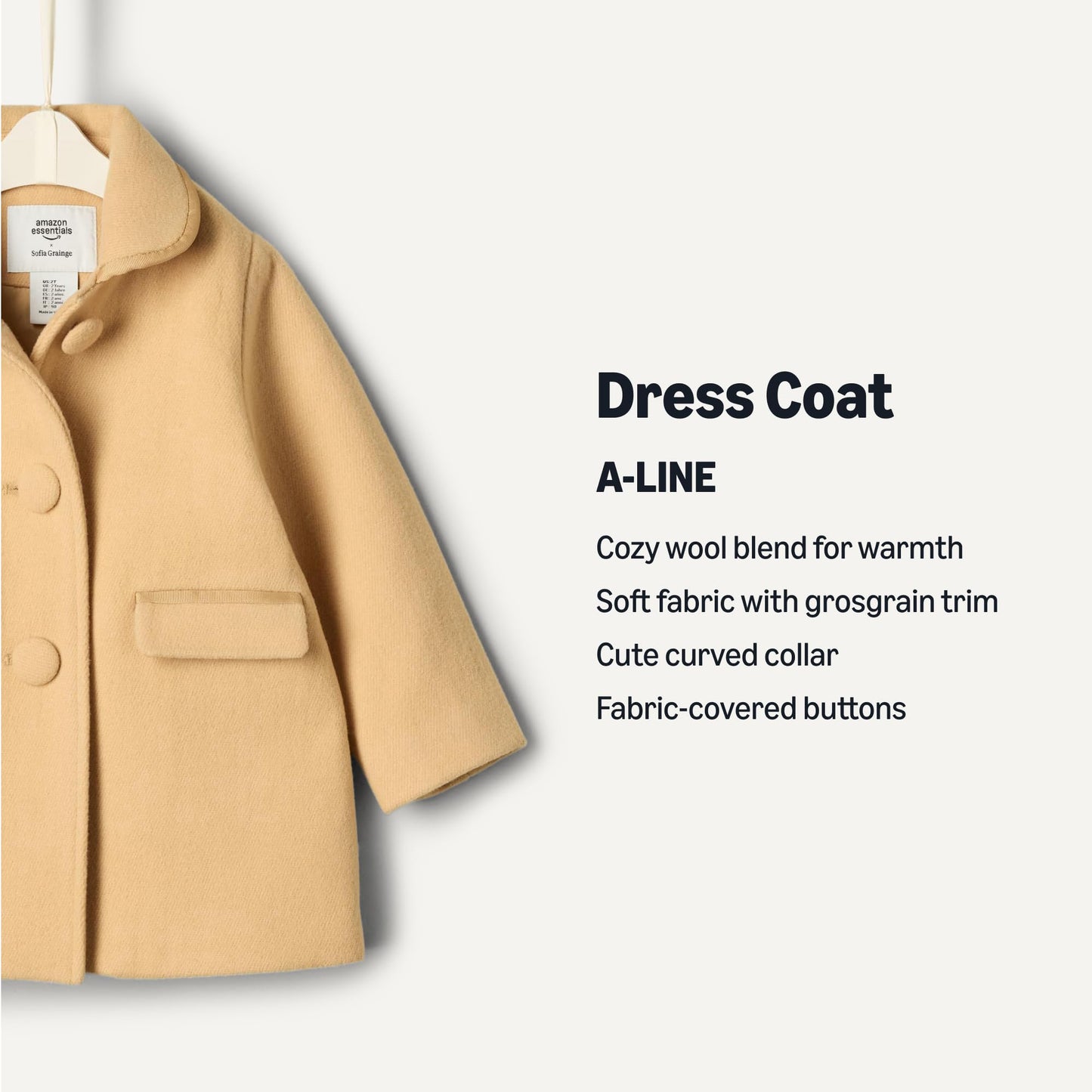 Amazon Essentials x Sofia Grainge Toddlers and Baby Girls' Wool Blend Dress Coat