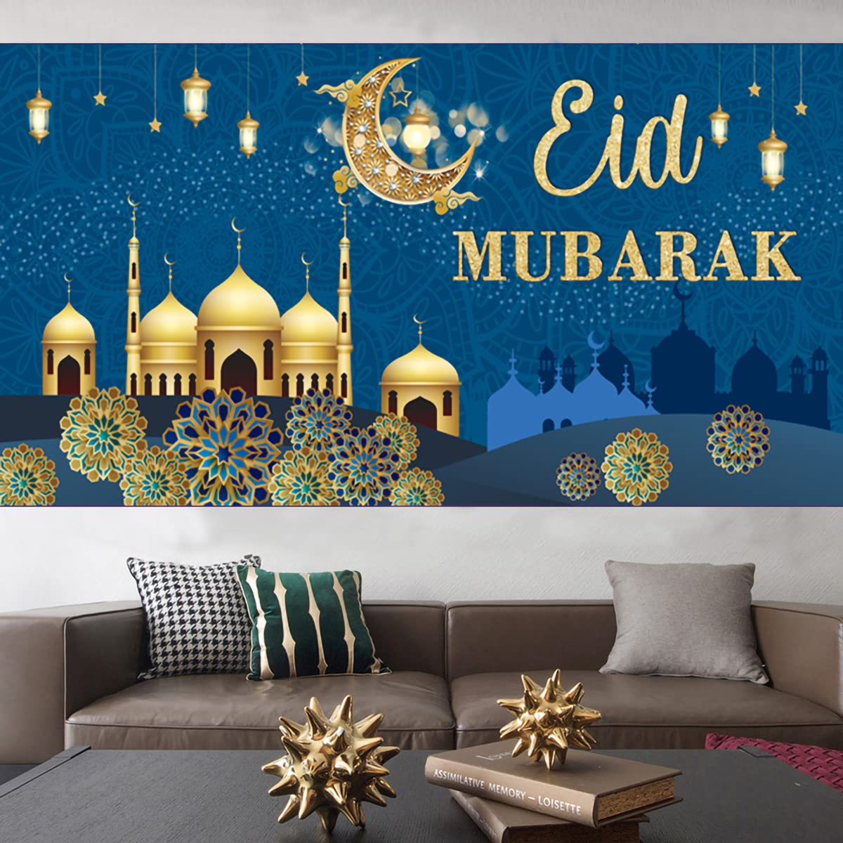 PARSUP Eid blauer Banner, geometrisches Muster, 78 x 43 Zoll, Wandmontage, muslimische Ramadan-Party-Zubehör