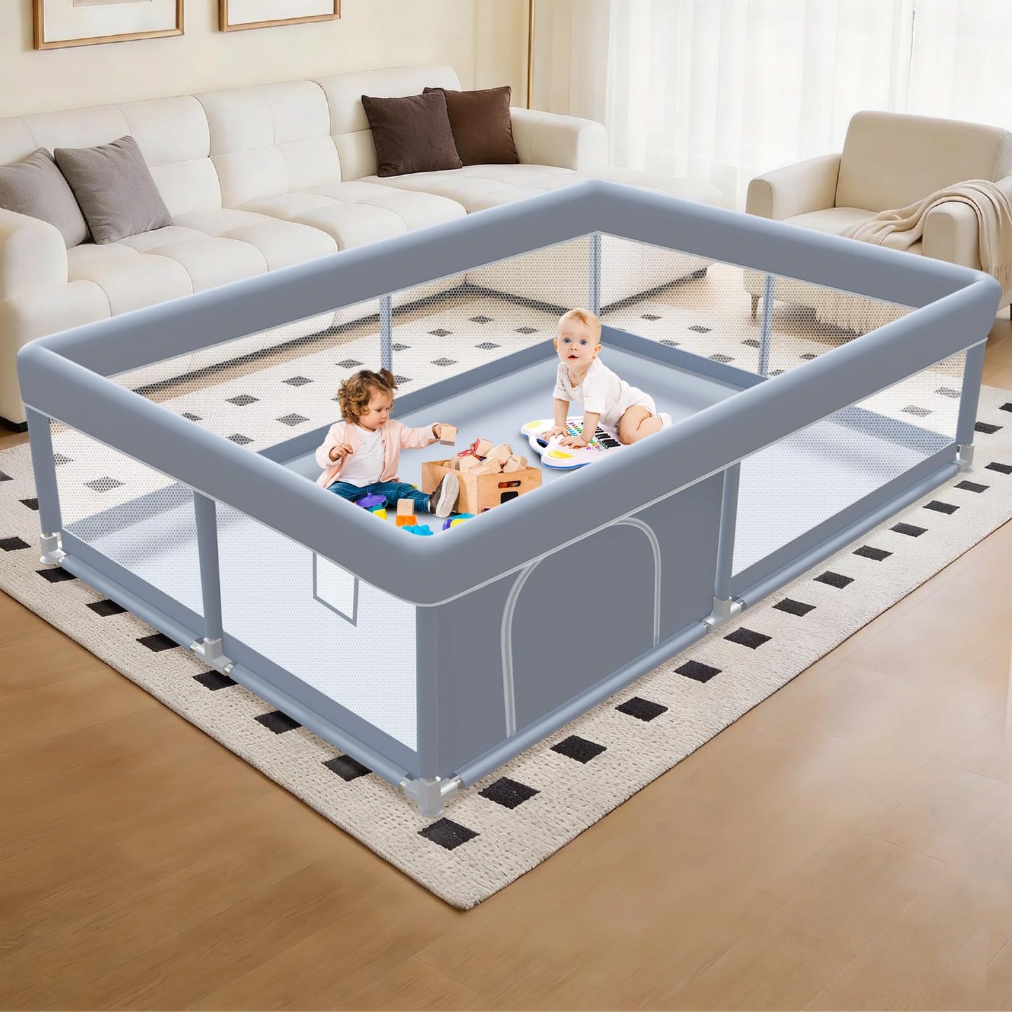 XVISHX 50 x 50 Inch Baby Playpen, Playpen for Babies and Toddlers, Baby Play Pen Playard for Indoor & Outdoor Active Center Game Fence, with Skin-Friendly Fabric and Soft Breathable Mesh, Grey