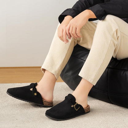 Women's Suede Clogs Mens Leather Mules Comfort Cork Footbed Sandals with Arch Support and Adjustable Buckle