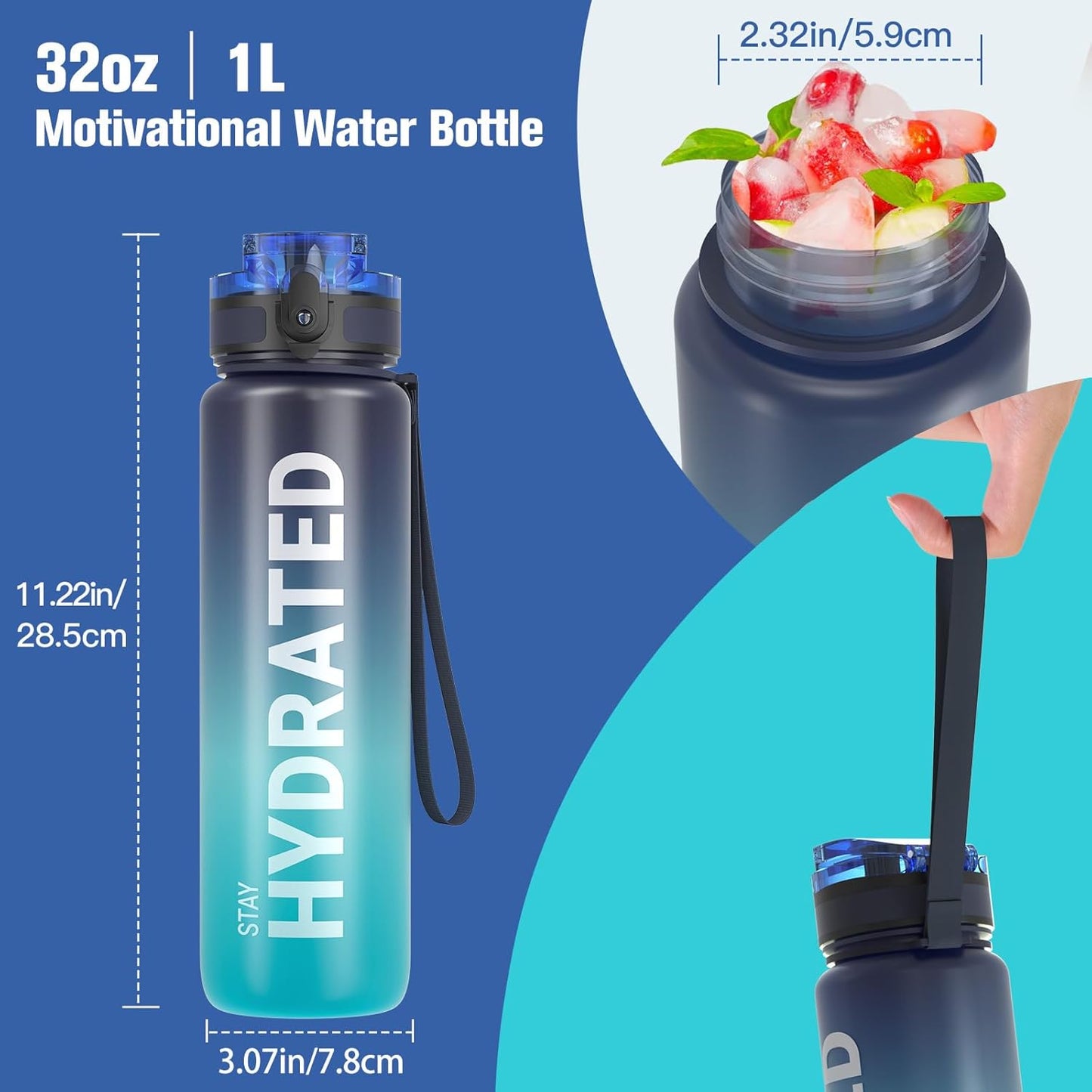 Sahara Sailor Trinkflasche, 950ml Motivations-Sportflasche mit Zeitmarkierung – Trinkzeiten – Tritan, BPA-frei, weite Öffnung auslaufsicher, Fast-Flow-Technologie mit Reinigungsbürste (1 Flasche)