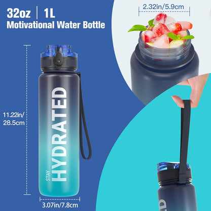Sahara Sailor Trinkflasche, 950ml Motivations-Sportflasche mit Zeitmarkierung – Trinkzeiten – Tritan, BPA-frei, weite Öffnung auslaufsicher, Fast-Flow-Technologie mit Reinigungsbürste (1 Flasche)