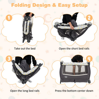 BABY JOY 4 in 1 Pack and Play, Portable Baby Playard with Bassinet & Flip-Away Changing Table, Canopy, Portable Bedside Crib with Storage Basket, Oxford Bag, Infant Bassinet from Newborn to Toddlers