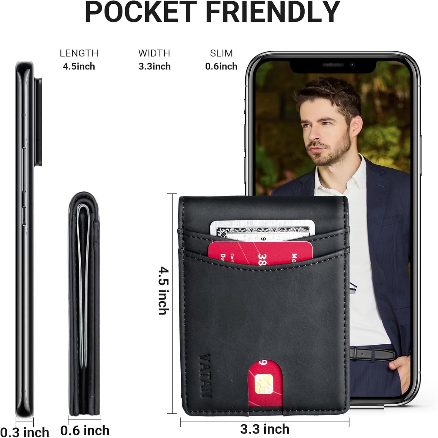 VATAN Herren Slim Wallet RFID Schutz Leder Kreditkartenetui für 15 Karten, Bifold Minimalistisches Dünnes Portemonnaie mit 2 Ausweisfenstern und Geldscheinfach, mit Geschenkbox (Carbon Fiber Schwarz)