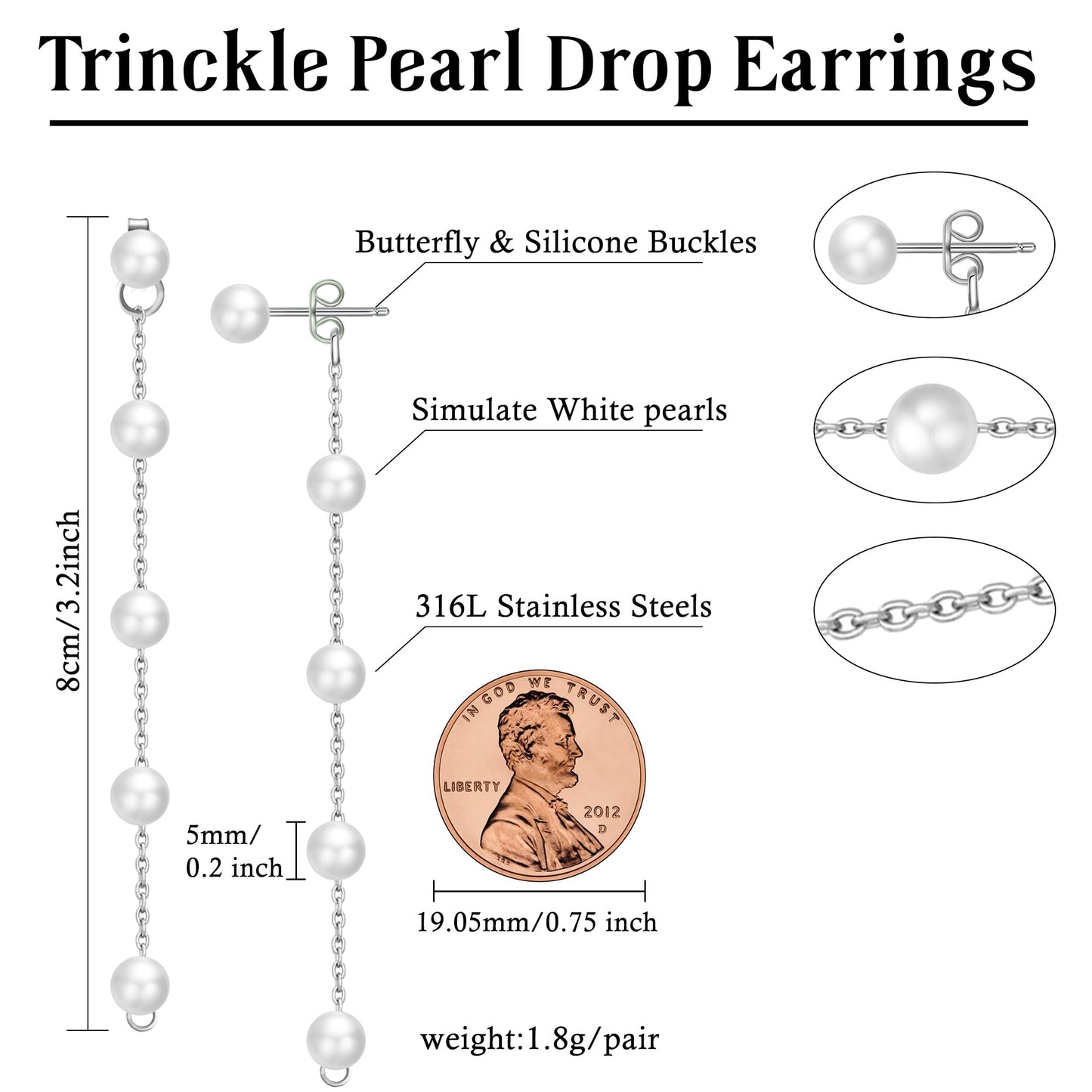 Trinckle Silber Tropfenohrringe mit Perlen, Silber Hängeohrringe für Frauen 5mm Brautperlen Lange Ohrringe für Muttertag, Weiß Boho Accessoires Hochzeitsschmuck, Silber Statement Ohrringe für Abschlussball Geburtstag