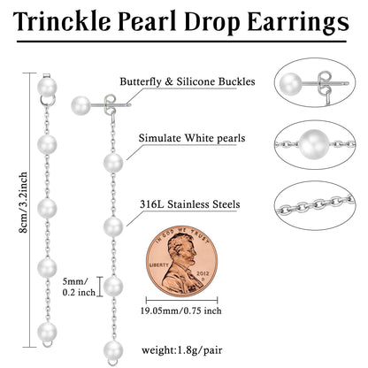 Trinckle Silber Tropfenohrringe mit Perlen, Silber Hängeohrringe für Frauen 5mm Brautperlen Lange Ohrringe für Muttertag, Weiß Boho Accessoires Hochzeitsschmuck, Silber Statement Ohrringe für Abschlussball Geburtstag