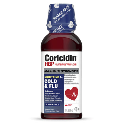 Coricidin HBP Maximum Strength Cold & Flu Day & Night Sugar-Free Liquid Twinpack,Decongestant-Free Cold Medicine for Adults with High Blood Pressure -12 Fl Oz,2 Count (Pack of 2)