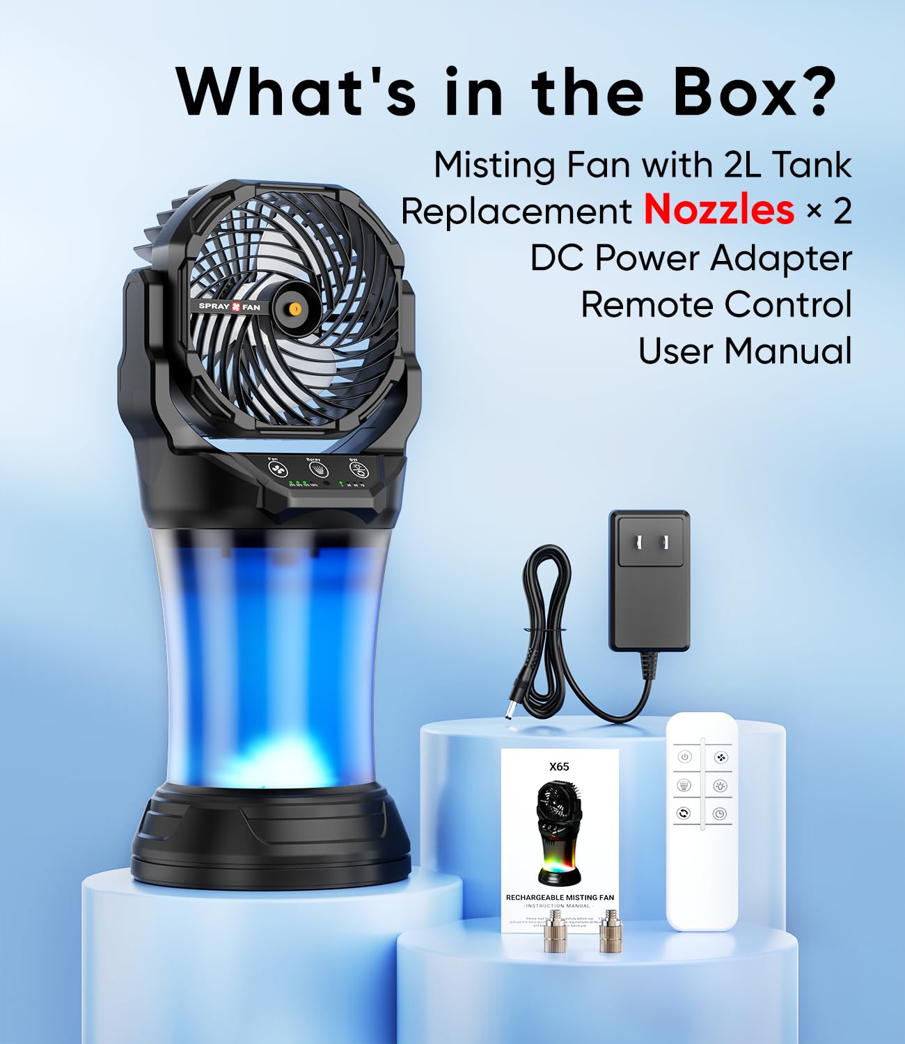 Misting Fan for Outside, 30,000mAh Rechargeable Mister Fan with Remote & RGB Lights, 2L Tank & 2 Extra Nozzles, 4 Speeds Mist Modes for Extreme Cooling Effect, Ideal for Camping, Patio, Backyard