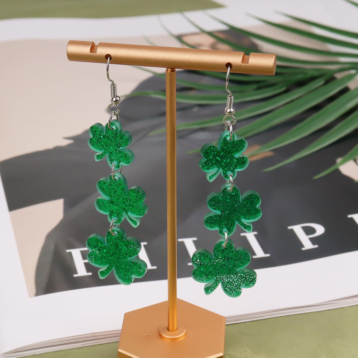 Prstvil St. Patricks Day Ohrringe, grüne Kleeblatt-Ohrringe für Damen, St. Patrick's Day Accessoires Glücksbringer Creolen (Grün-2)