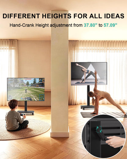 WALI Rolling TV Stand with Power Outlet & AV Shelf, Mobile Tall TV Stand Mount on Wheels for 34-75 inch TV up to 110 lbs, Swivel Height Adjustable TV Cart with Wood Base for Bedroom(TVDVD-6PRW), White