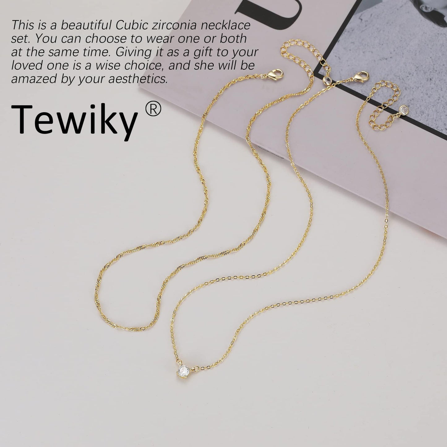 Tewiky Dainty 14k Gold Plated/Silver Cubic Zirconia Necklaces for Women, Simple CZ Jewelry Necklaces Trendy Gifts