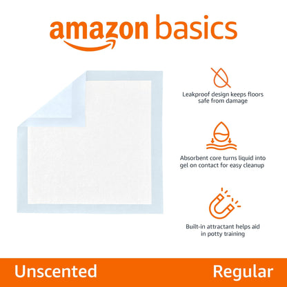 Amazon Basics Leak-Proof Dog and Puppy Potty Training Pee Pads with Quick-Dry 5-Layer Super Absorbent Design for Housebreaking, Regular Size 22x22", Blue & White, 150 Count