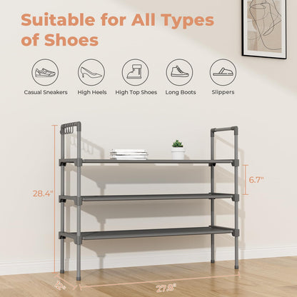 LANTEFUL 3 Tier Shoe Rack for Closet, Shoe Organizer with 5 Hooks, Long Shoe Shelf Storage for Sneaker and Boot Stackable Free Standing Shoe Rack for Entryway, Garage, Small Spaces, Dorm