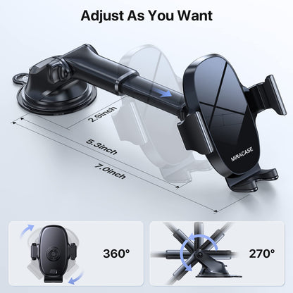 Miracase Car Phone Mount, [Upgraded Strong Military Grade Suction Cup] Long Arm Phone Holder for Car Dashboard Windshield Vent, Hands Free Cell Phone Holder Compatible with All Mobile Phones
