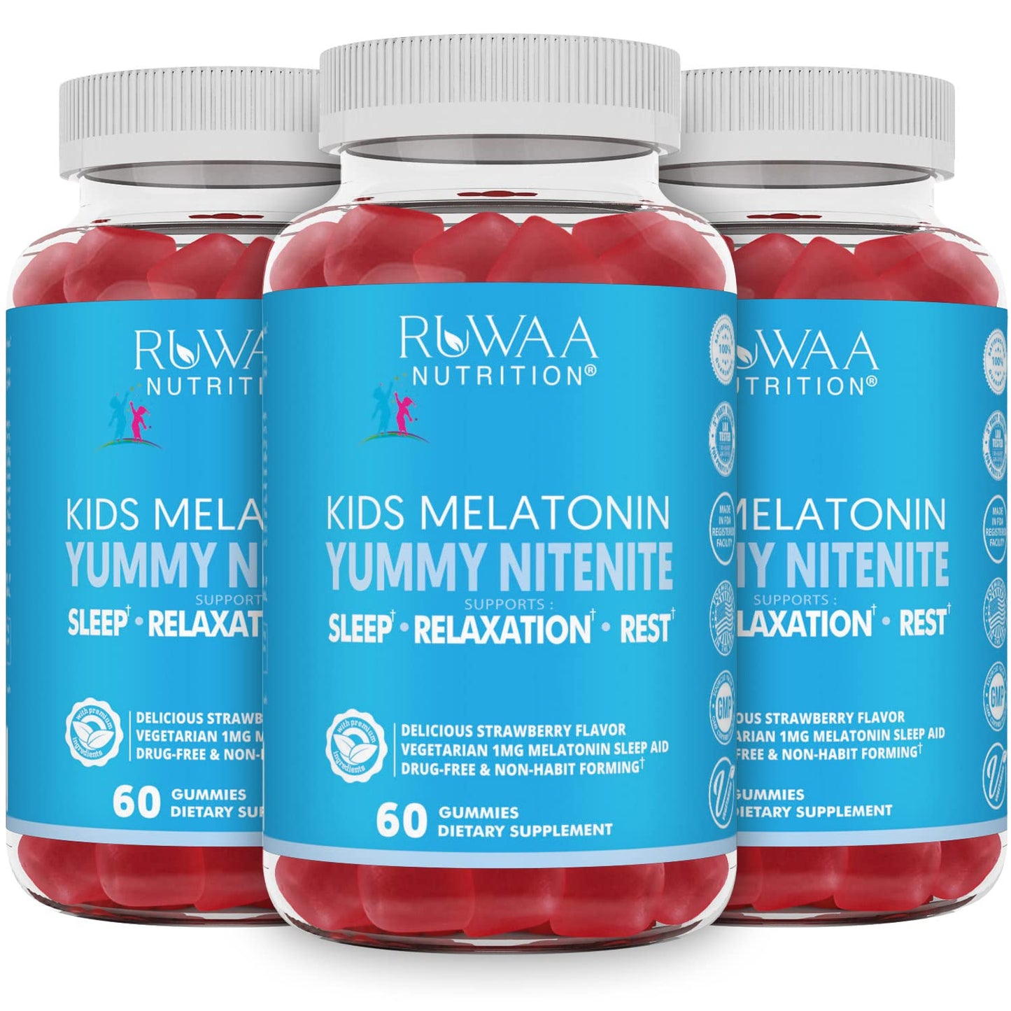 RUWAA NUTRITION Kids Melatonin Gummies 1 mg, Safe, Drug-Free & Effective Natural Sleep Aid for Kids. Children Melatonin Gummy, Gluten-Free Vegetarian Restful Sleep Support for Ages 4+. 360ct (6)
